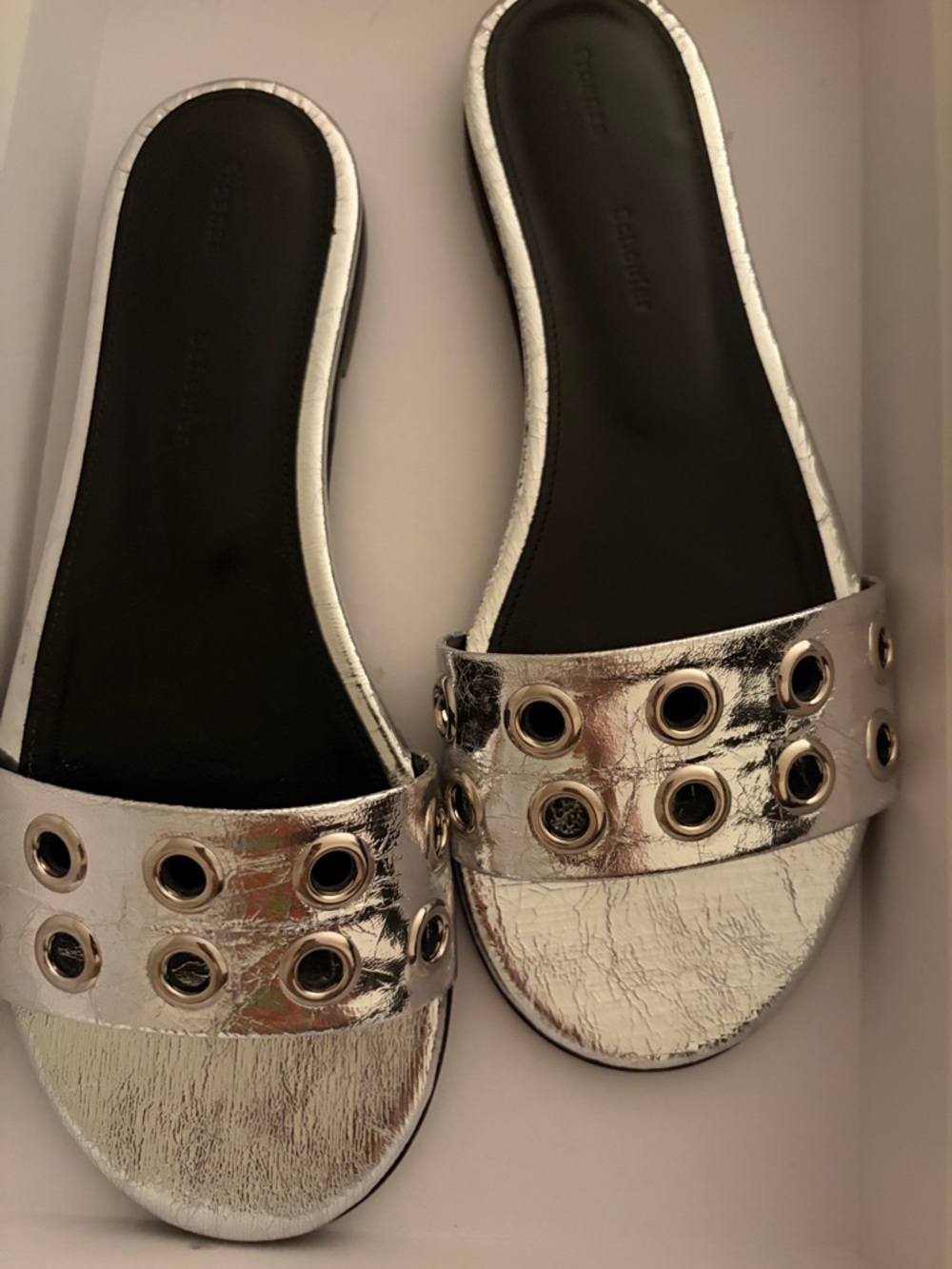 Proenza Schouler Silver Slide Sandals with Grommet Detail